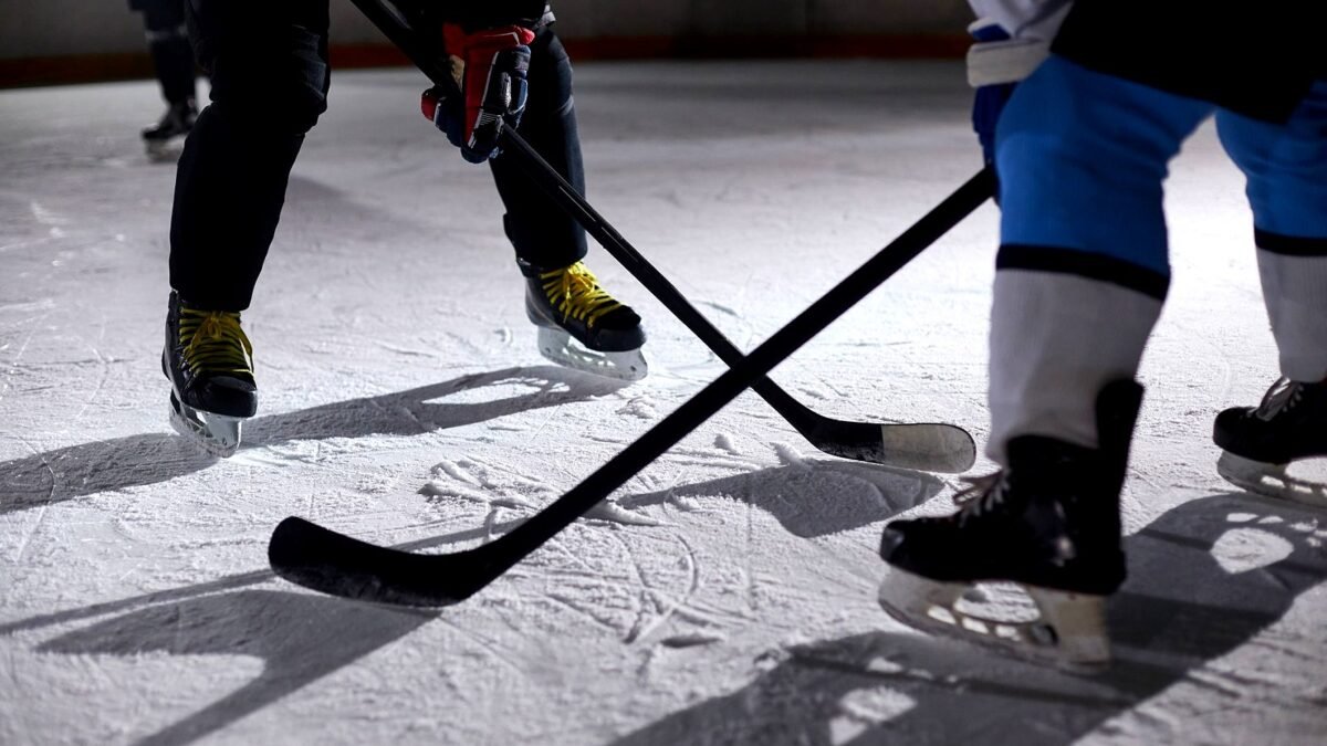 Two ice hockey players fight for the puck near the boards during an indoor game.