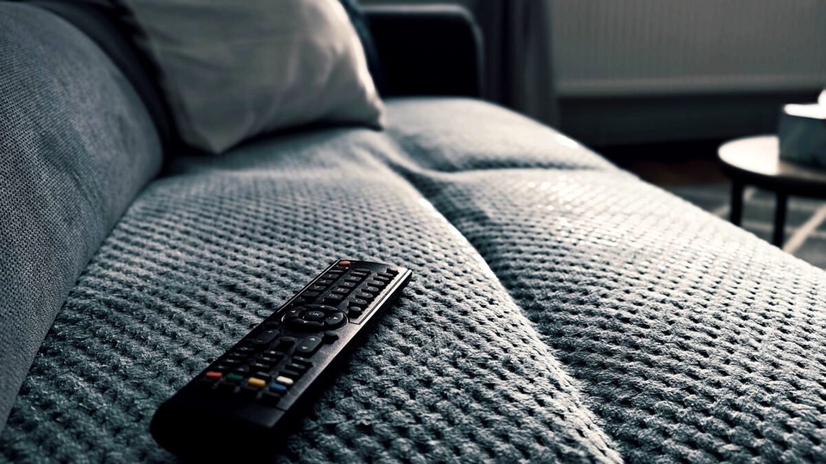 Close-up of a television remote control lying on a sofa