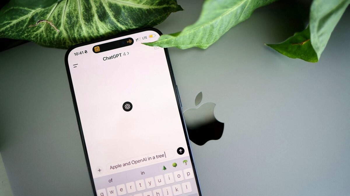 A phone screen showing the ChatGPT app open next to an app store listing