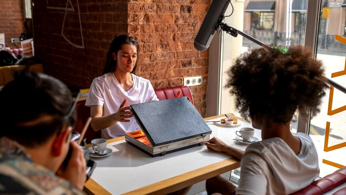 Three people filming a casual conversation at a small cafe table with a camera