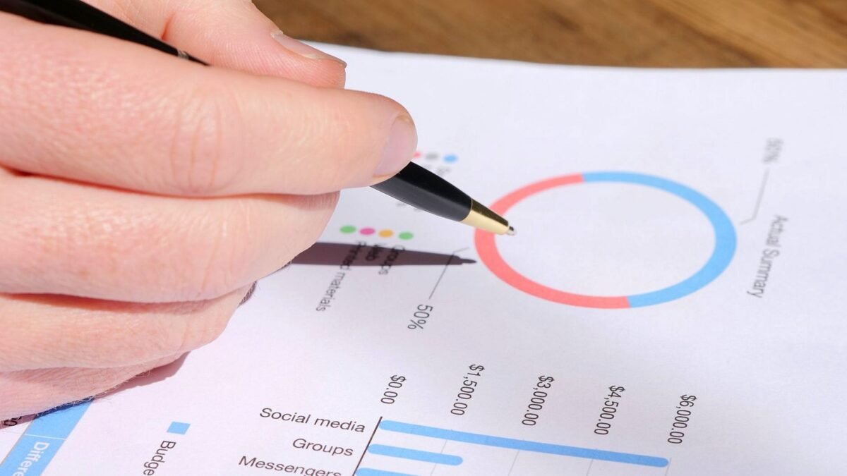 Hand with a pen pointing at printed bar and line charts