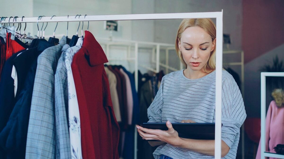 Shop worker checks product stock on a tablet between shelves