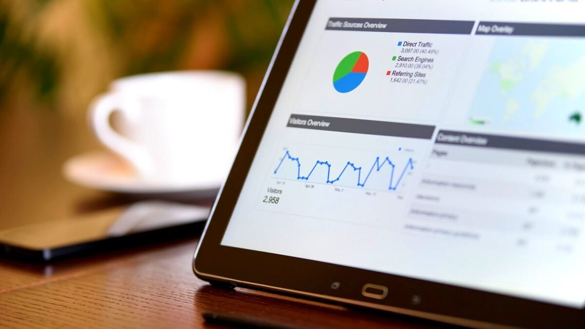 Tablet on a desk showing an analytics dashboard with charts