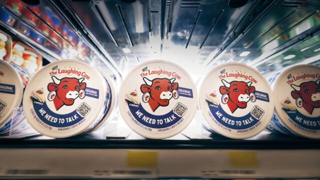 The Laughing Cow packs with the unsmiling cow on a store shelf