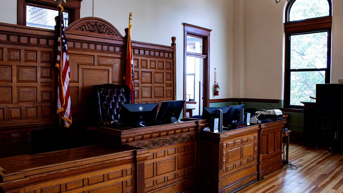 Interior of an American courthouse with wooden benches and a raised bench