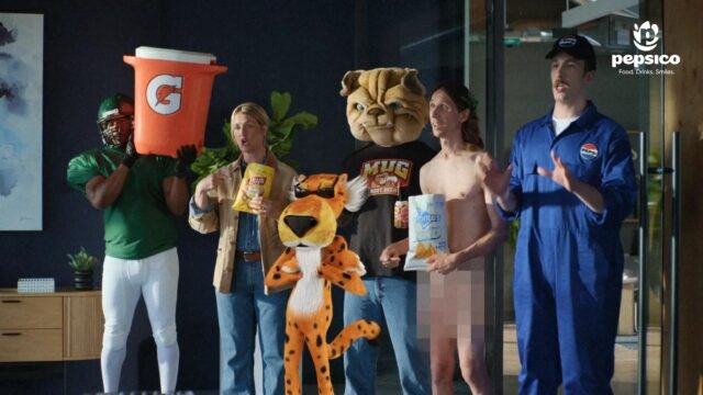 People dressed as PepsiCo brands, with a Gatorade cooler and the Cheetos cheetah, in the House of Brands film