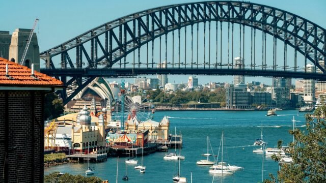 The bridge and the Sydney skyline seen across the harbour