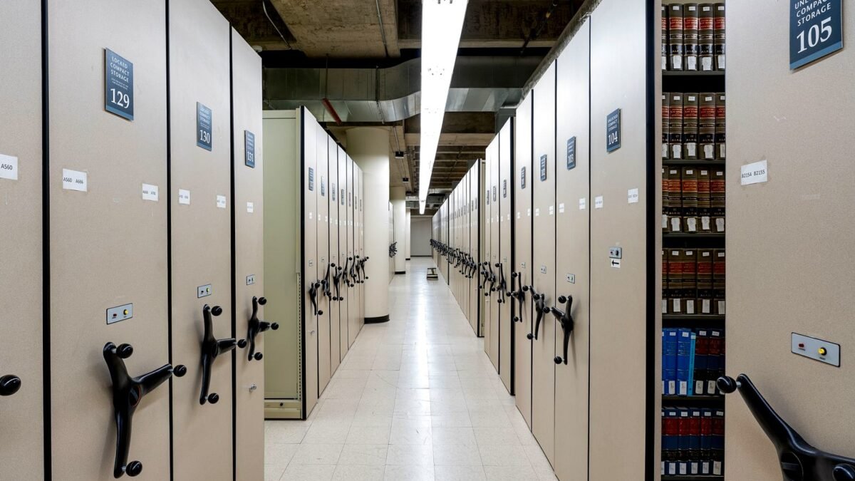 Shelves of legal volumes in a law library