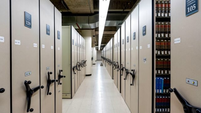 Shelves of legal volumes in a law library