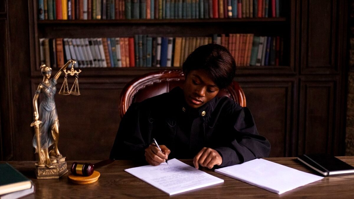 A judge in robes writing on a document at a desk in an office library with law books.