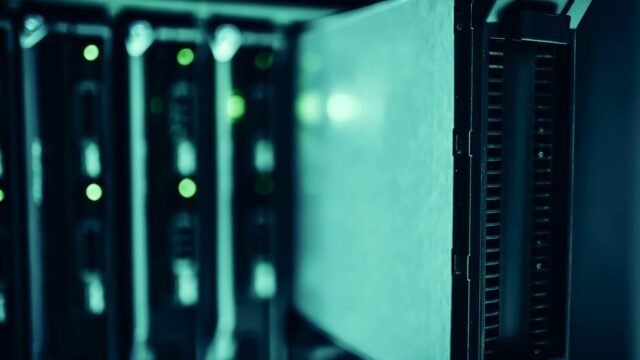 Close-up of server racks in a data center highlighting modern technology infrastructure.