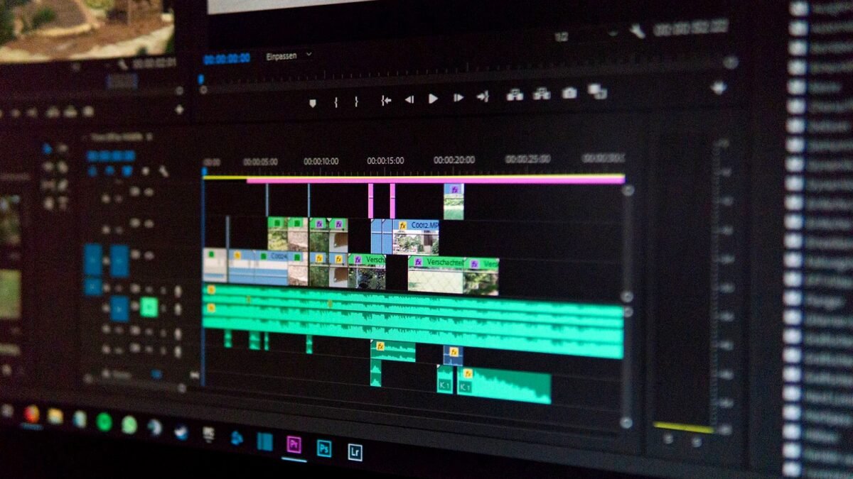 A close-up of a video editing timeline on a computer screen during post-production.