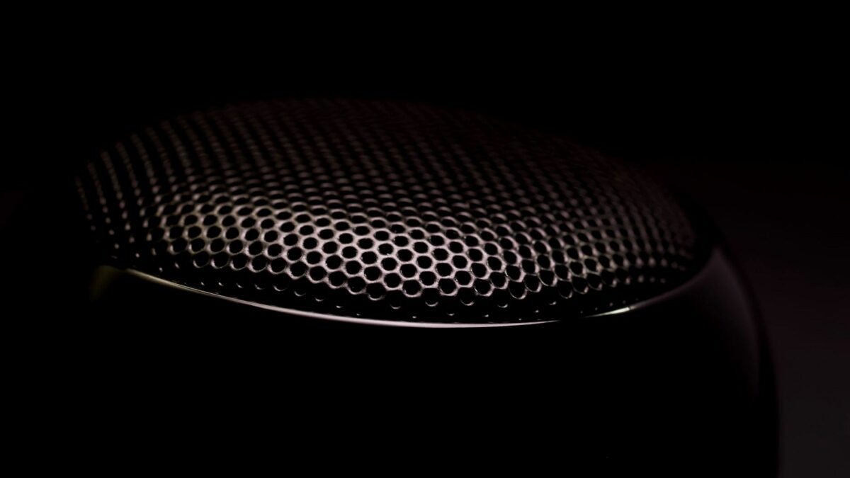Close-up of a black speaker grille, showing the fabric mesh and rounded edge of the cabinet.
