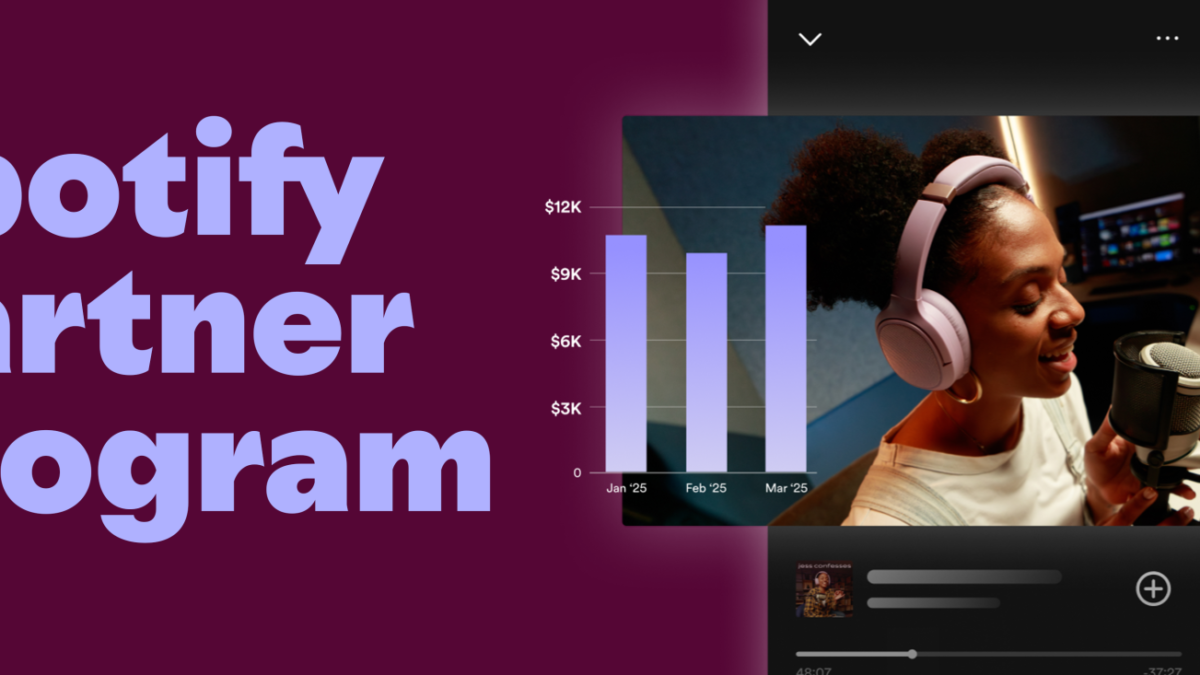 Spotify Partner Program graphic with a podcaster at a microphone and a payout chart