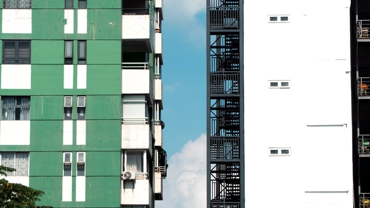 Front of a new apartment building in a city street