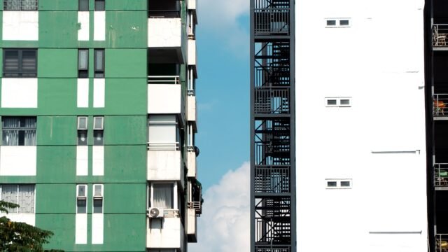 Front of a new apartment building in a city street