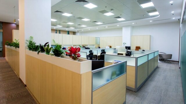 Bright open-plan office with rows of empty desks, monitors and green plants