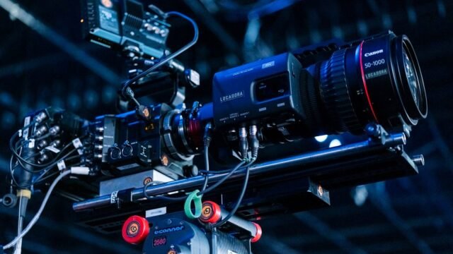 Professional camera rig set up on a film studio floor