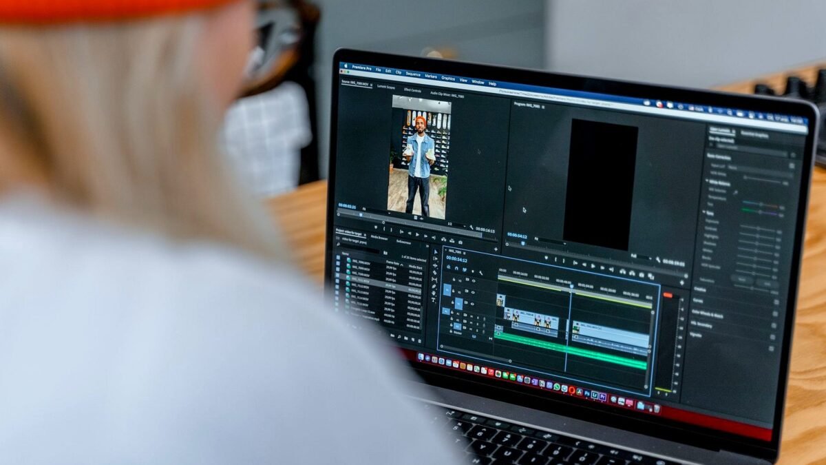 A video editing timeline open on a laptop screen.