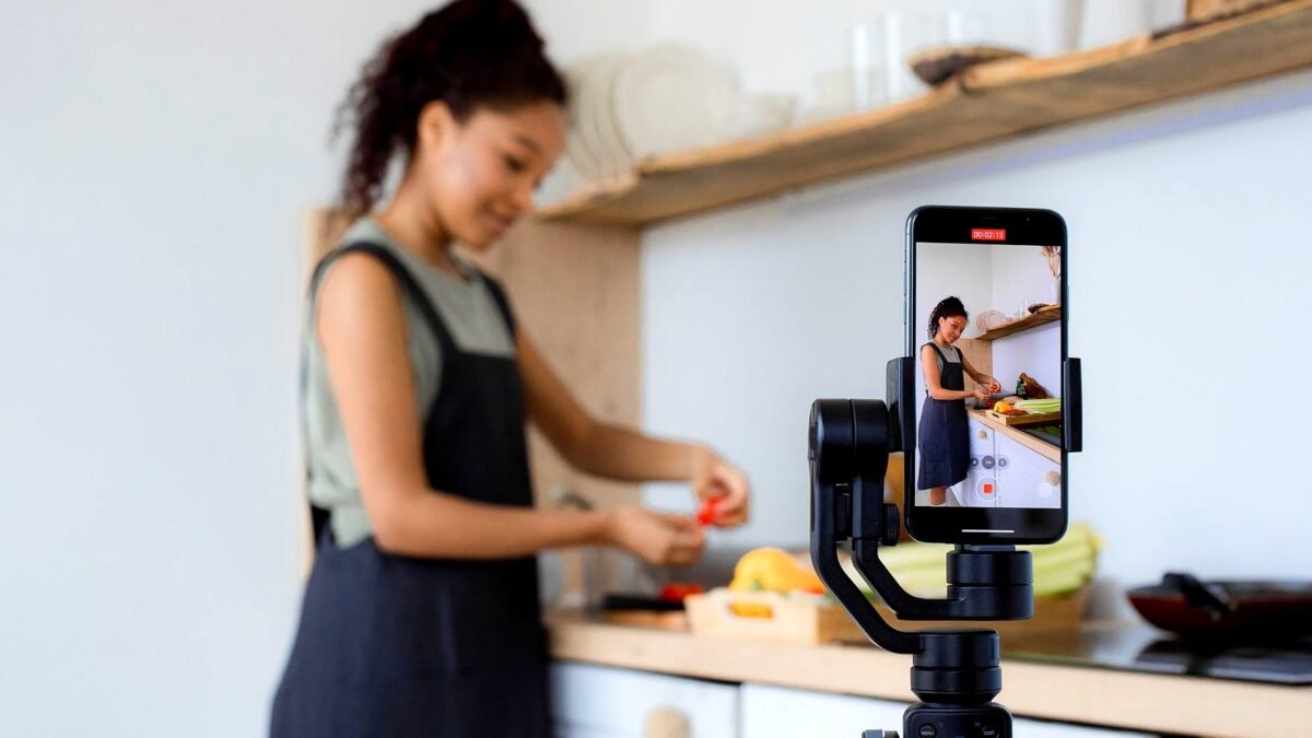 A woman films a video with her smartphone at home.