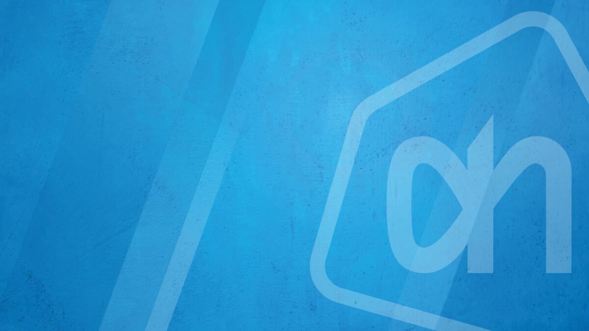 Albert Heijn logo in light outline on a blue background
