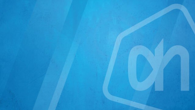 Albert Heijn logo in light outline on a blue background