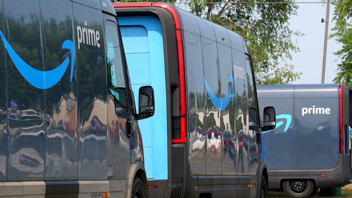 Amazon Prime delivery vans parked in a row