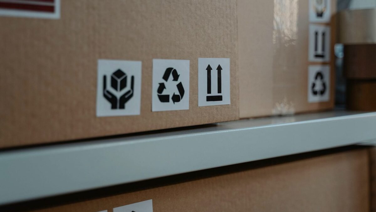 Cardboard shipping boxes with handling and recycling symbols on warehouse shelves