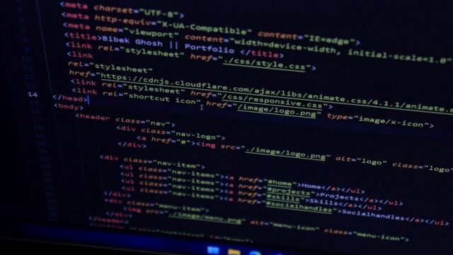 Close-up of HTML code on a computer screen in bright colours