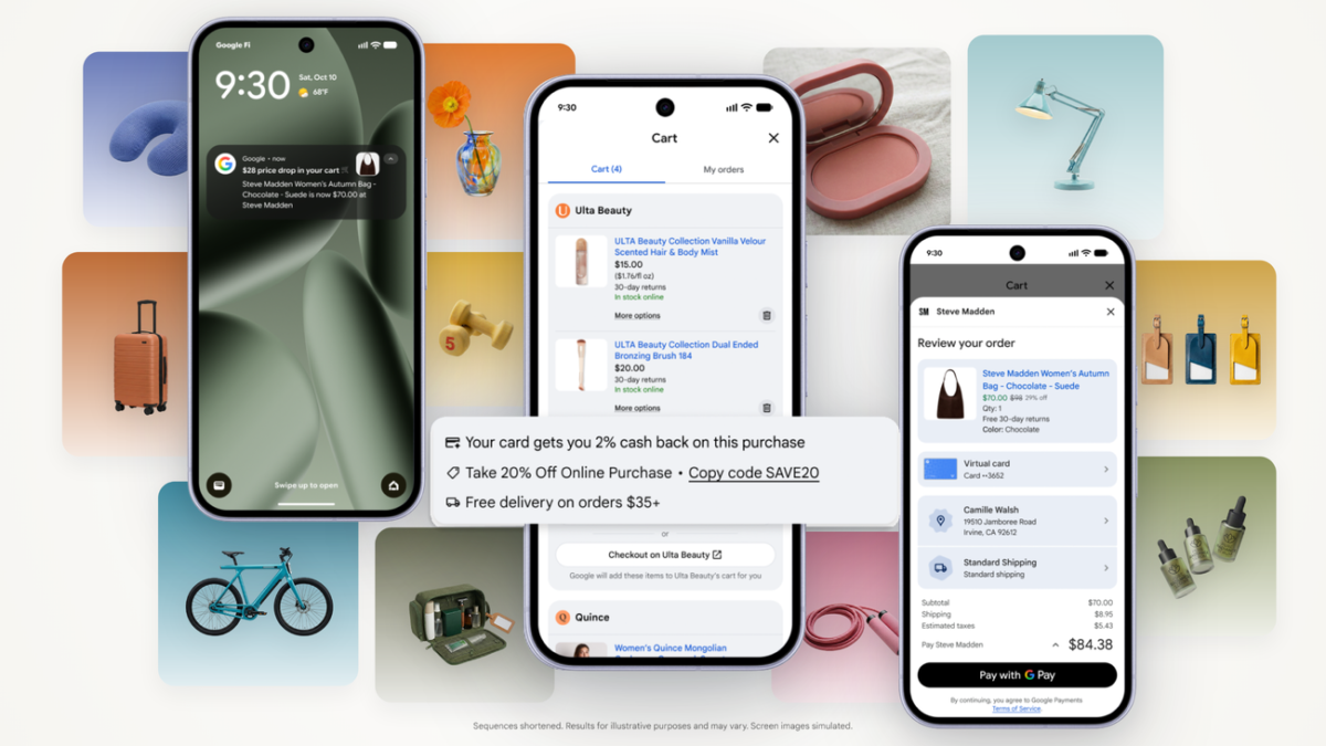 Google's Universal Cart screens shown over a collage of shoes, cosmetics and home goods