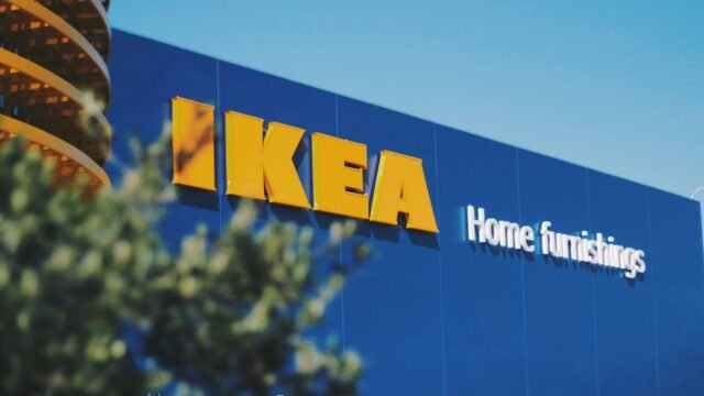 Blue Ikea store front with the yellow logo