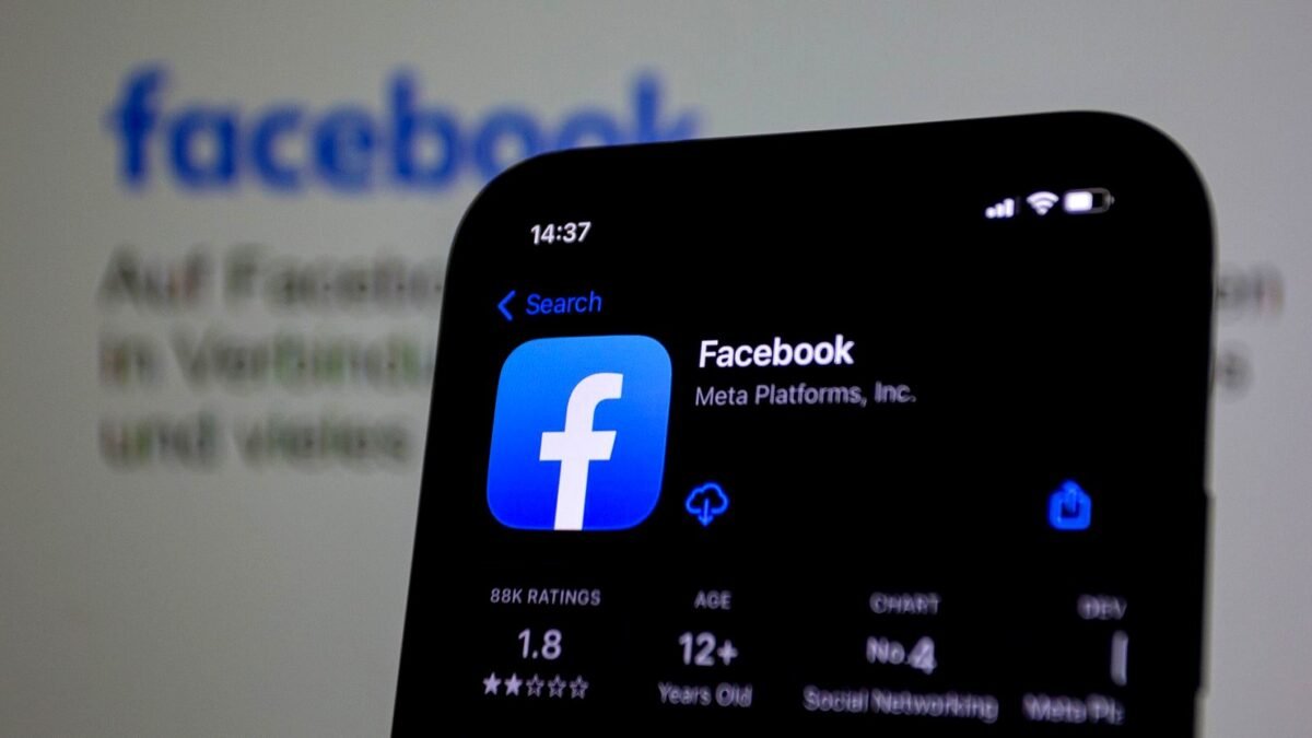 A smartphone screen shows the Facebook app icon up close