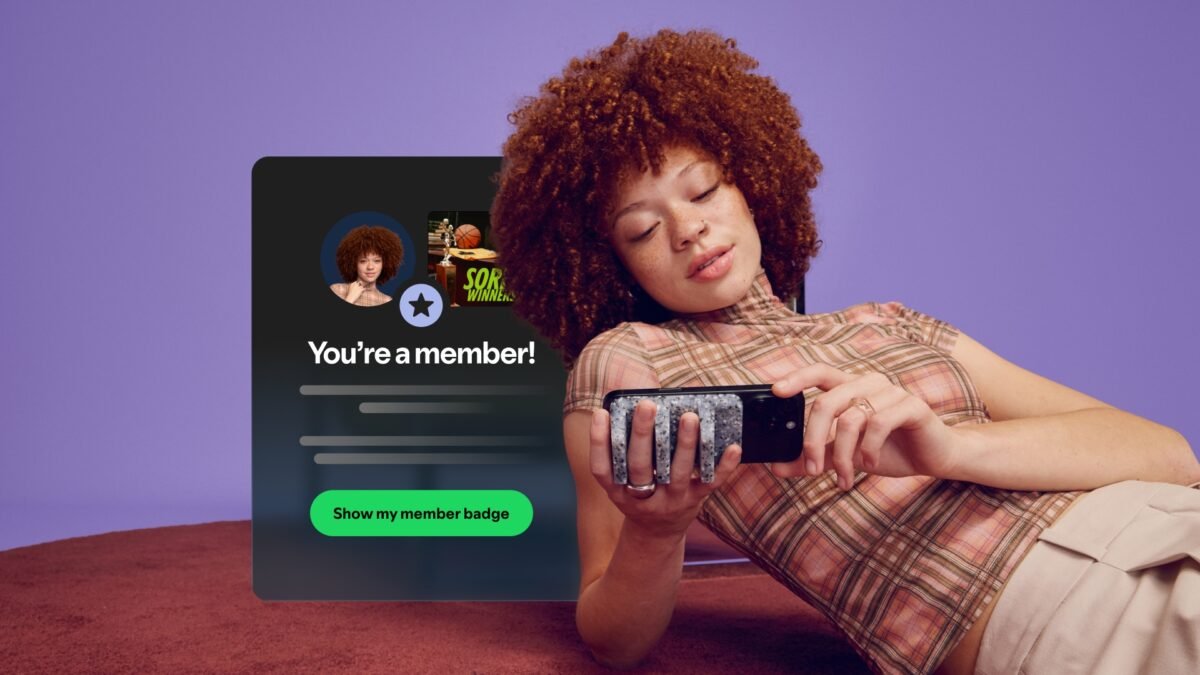 Spotify app screens showing podcast membership tiers and member-only episodes
