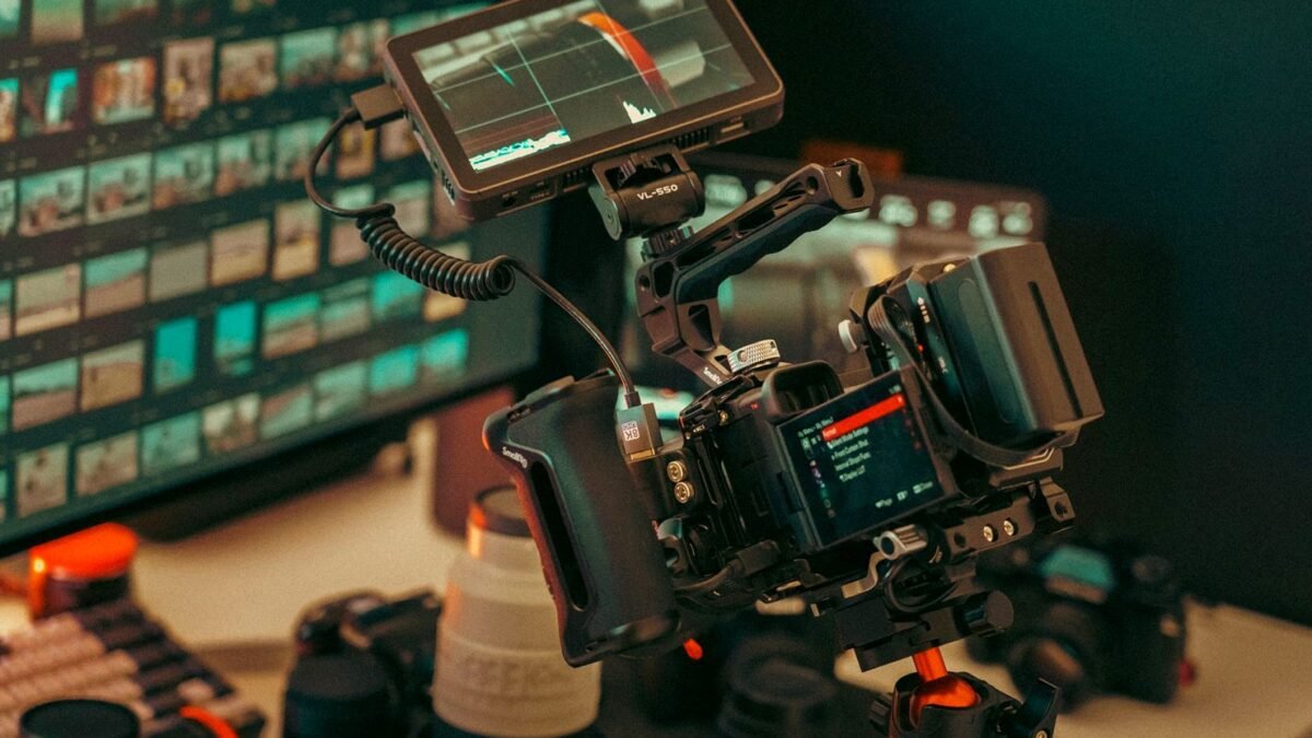 Camera on a tripod next to a monitor and lights in a video studio