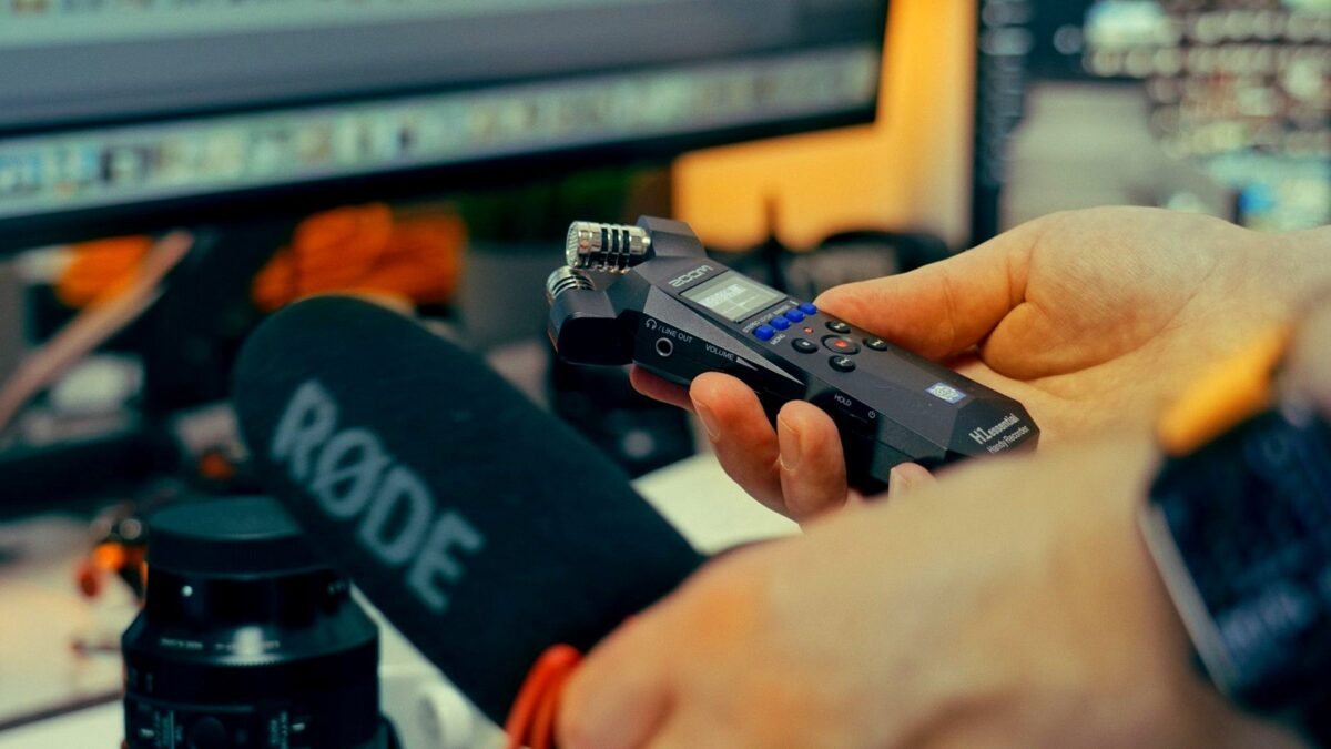Hands holding a microphone and a recorder in a studio